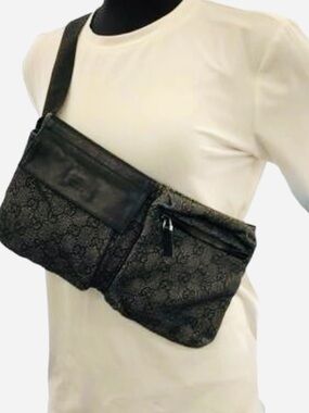 🔥🔥 GUCCI GG CANVAS
DOUBLE POCKET BELT BAG/FANNY PACK/BUM BAG IN BLACK DENIM 🔥🔥